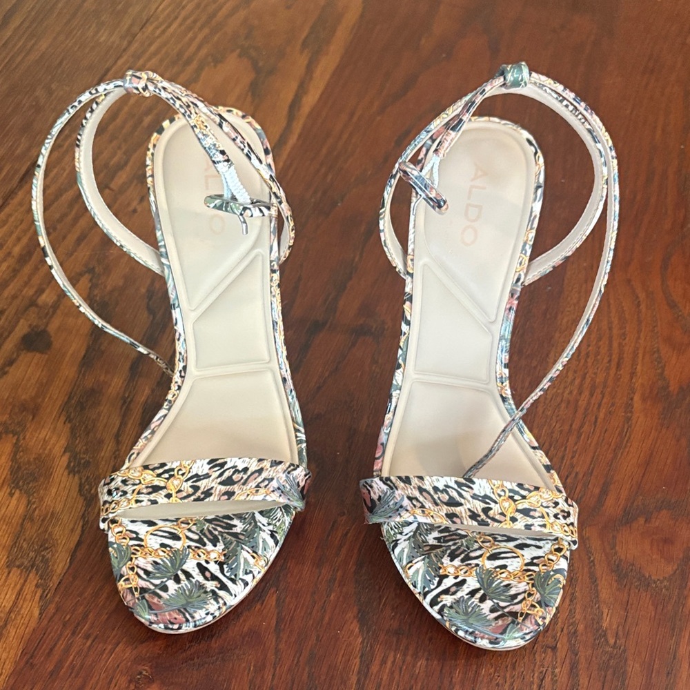 ALDO Floral Print Strappy Heels in Green, Pink & Gold